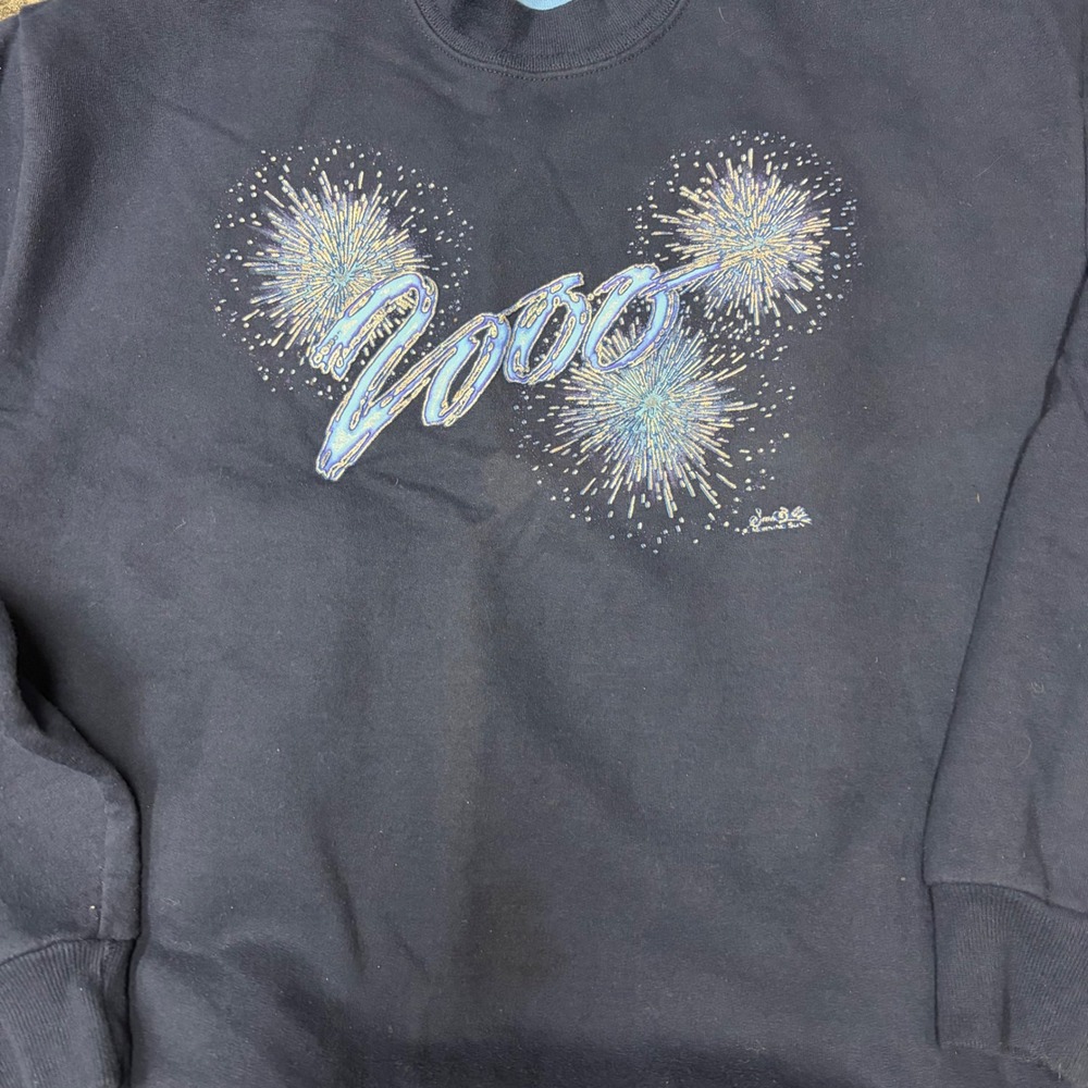 Vintage Morning Sun 2000 Fireworks Sweatshirt Navy Blue Mock Neck Large Y2K - Picture 2 of 5